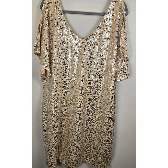 Vintage Y2k DEB Rose Gold Sequin Stretchy Mini Glam Club Dress 3X Double V Neck - Picture 1 of 8